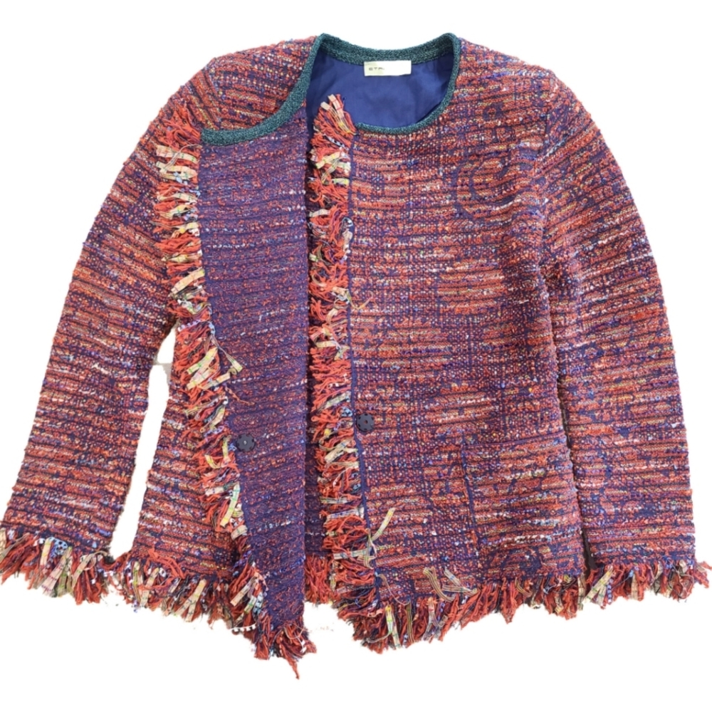 ETRO Red Blue Ivory Tweed Fringe Open Front Jacket Cardigan Pair W/ Denim 42/8
